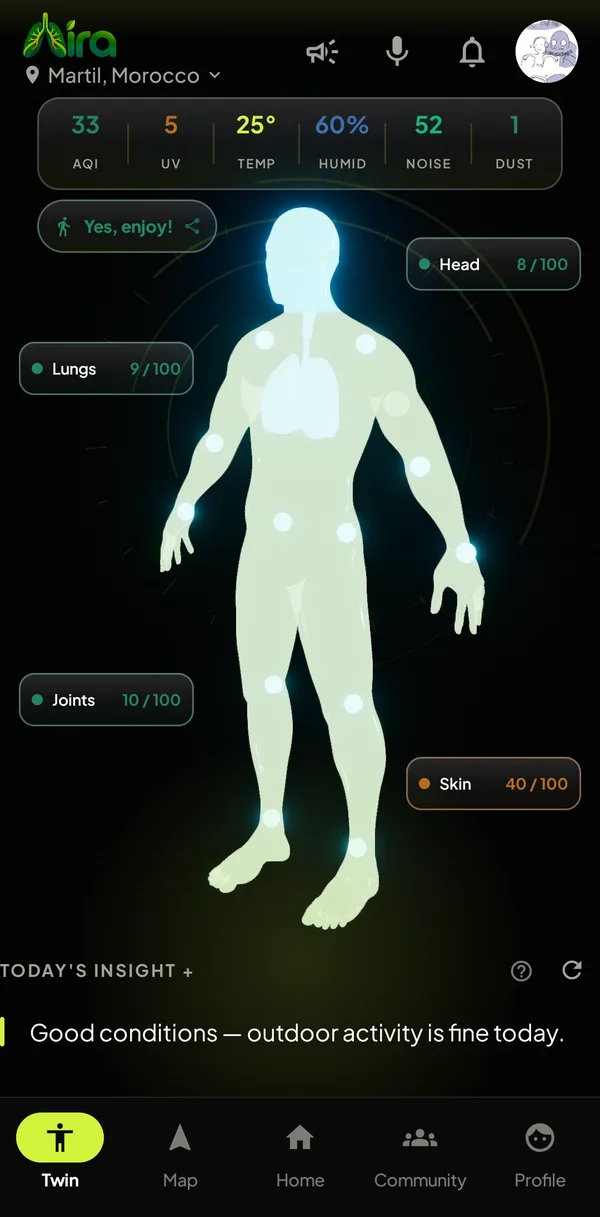 Body Twin screen: a 3D body with scores for head, lungs, joints and skin